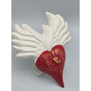 Hand Painted Ceramic‎ Winged Heart Red & Gold Heart With White Wings 7.5x8.5"
